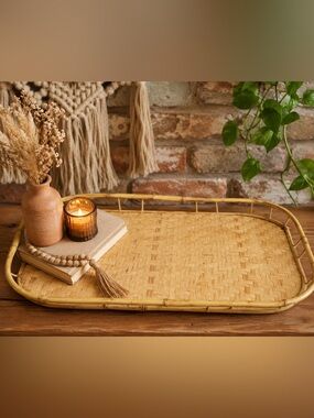 VTG Natural Rattan Bamboo Wood Boho Tray NEW